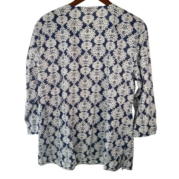 Talbots Women’s L Tunic Top Blouse Cotton Navy White V-Neck Lace Medallion Boho - Picture 5 of 8
